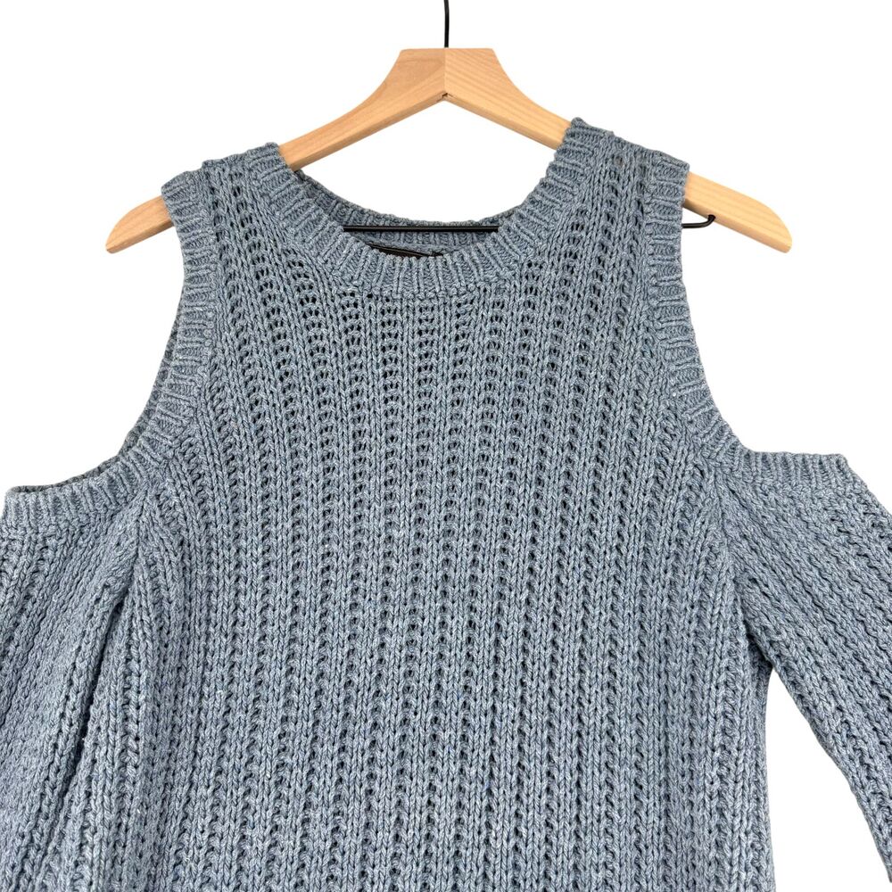 BCBGMAXAZRIA Blue Cold Shoulder Sweater Women Medium Chunky Knit Italy Textured - Picture 4 of 13